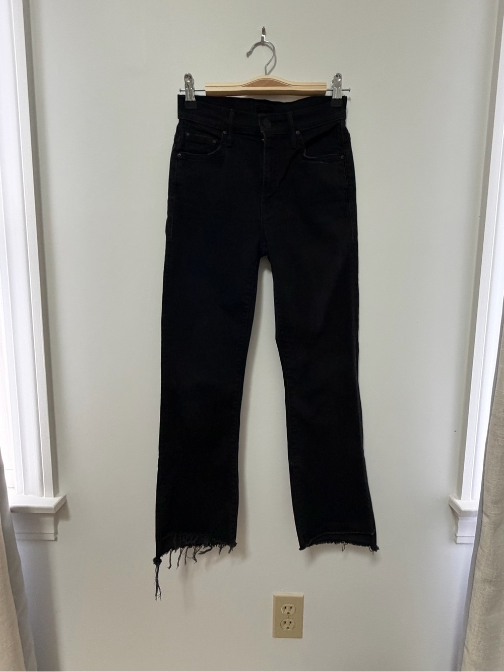 MOTHER Black Ankle Flare Jeans with Frayed Hem